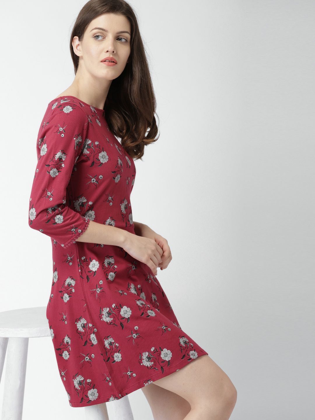 Mast & Harbour Women Maroon Printed A-Line Dress Price in India