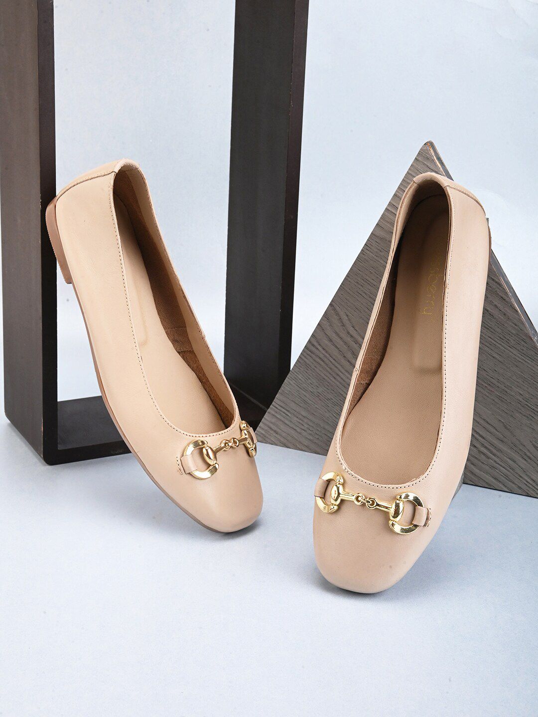 DressBerry Beige And Gold-Toned Buckle Embellished Leather Ballerinas