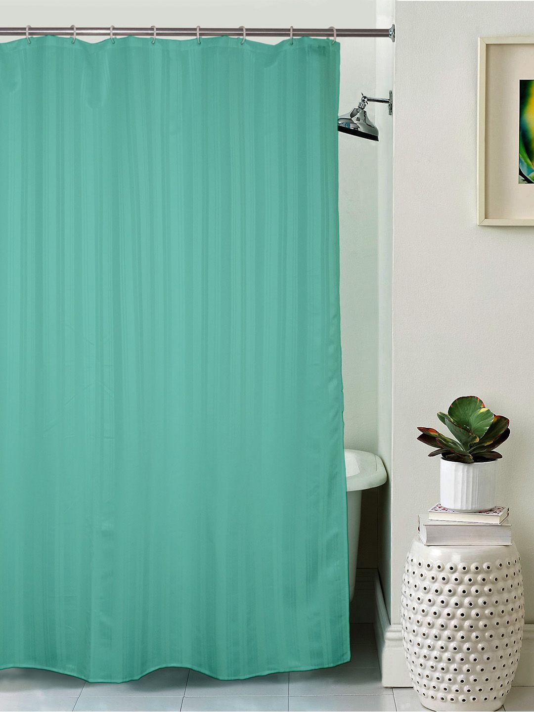 Lushomes Green Striped Waterproof Shower Curtain With 12 C-Ring & 12 Eyelets deal from myntra