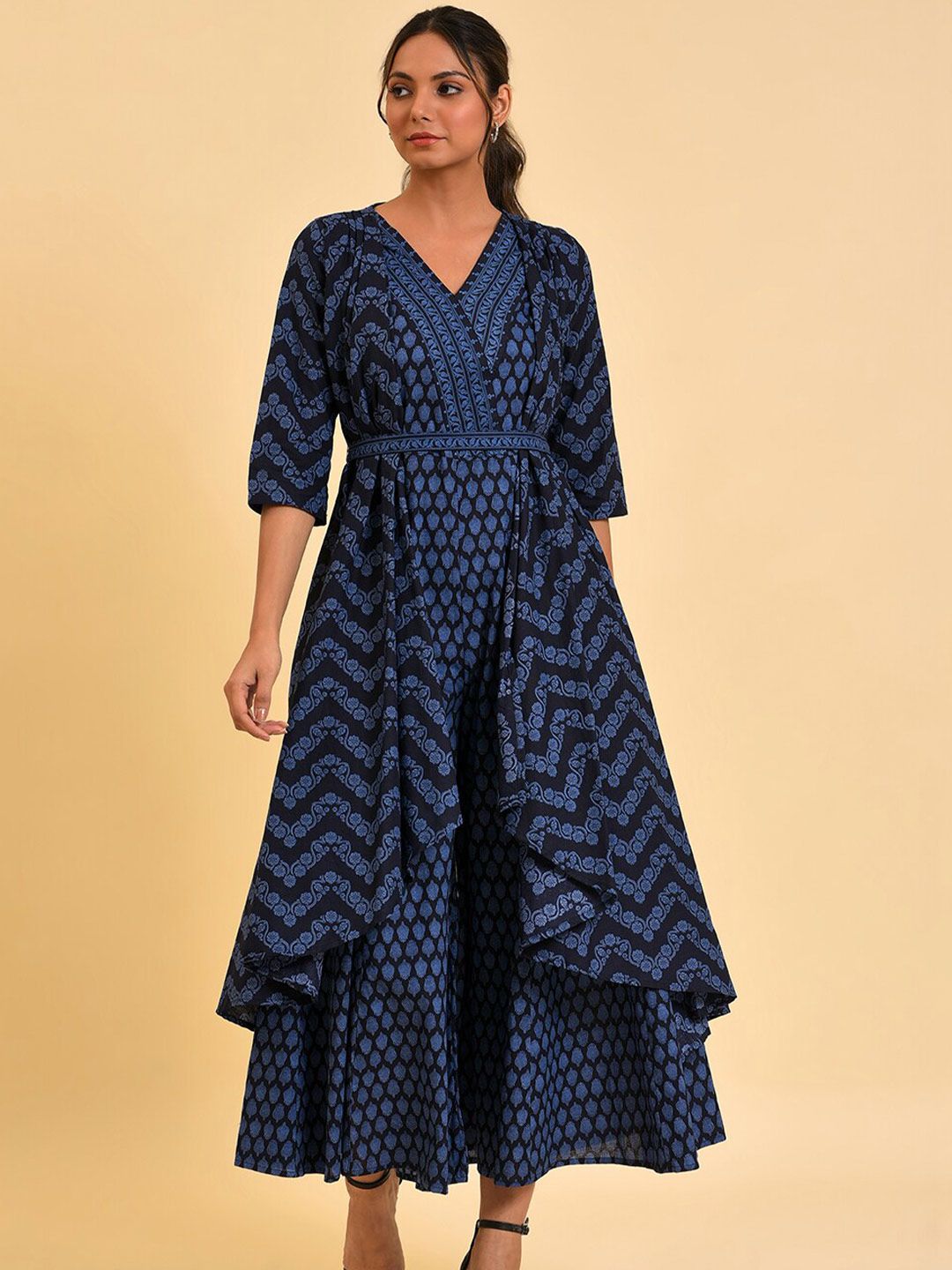W Blue & Black Ethnic Printed V-Neck Culotte Jumpsuit Price in India