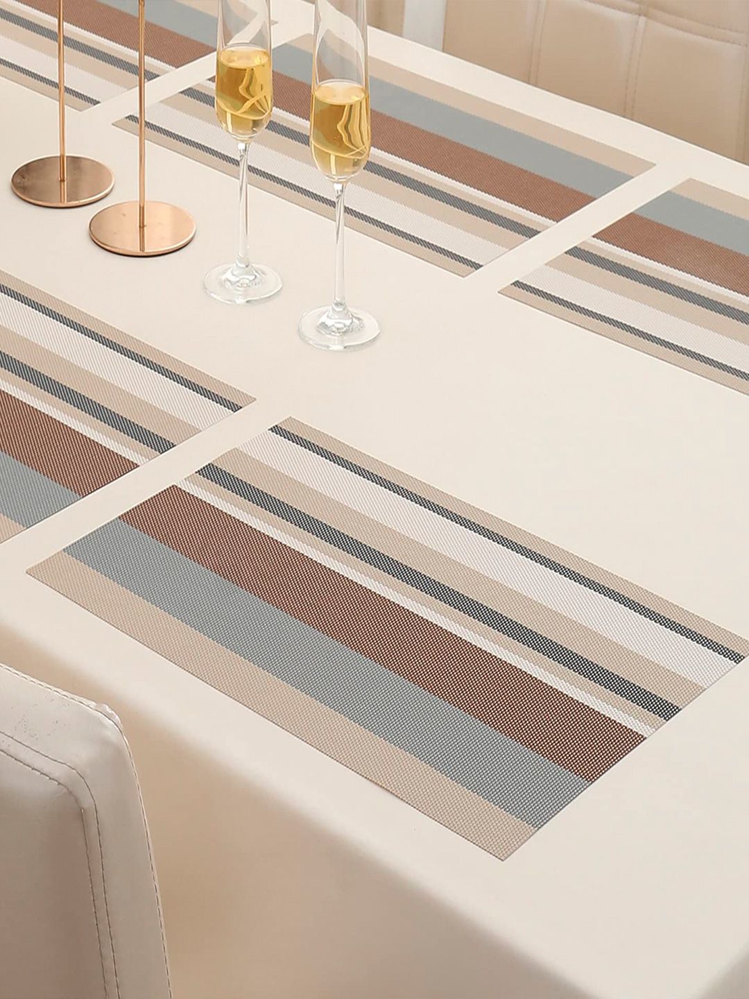 HOKIPO 6 Pieces Beige & Brown Striped Rectangular Table PVC Placemats