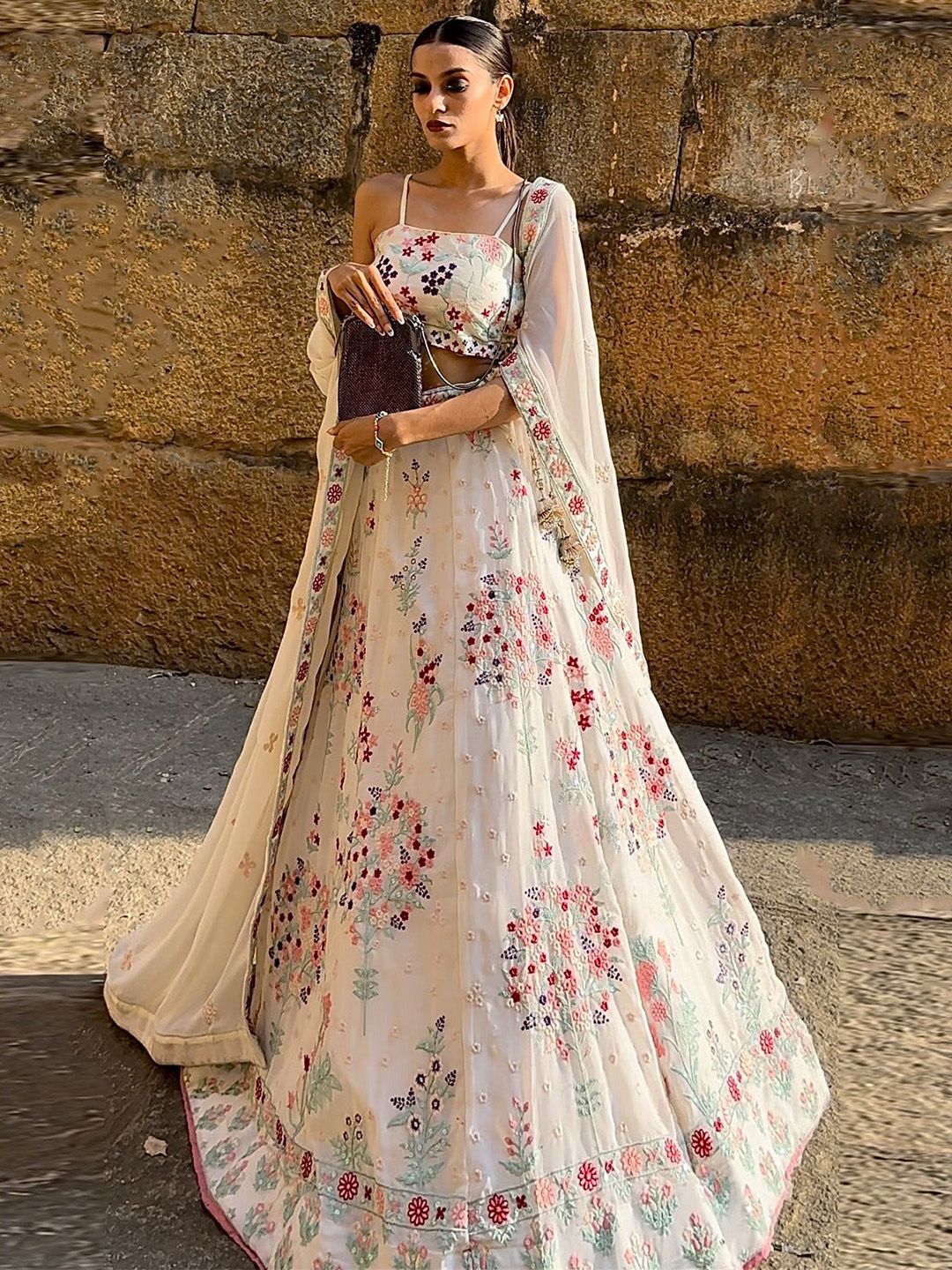 ODETTE Floral Embroidered Semi Stitched Lehenga With Unstitched Blouse & Dupatta Price in India