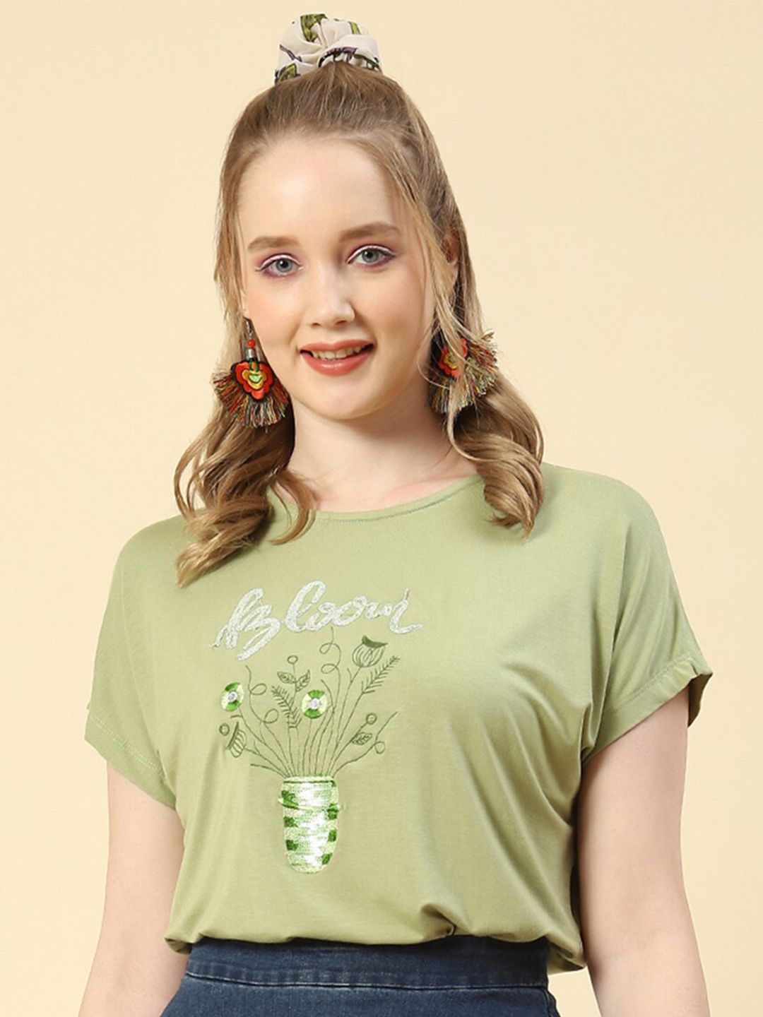Monte Carlo Floral Embroidered Extended Sleeves Casual T-shirt Price in India