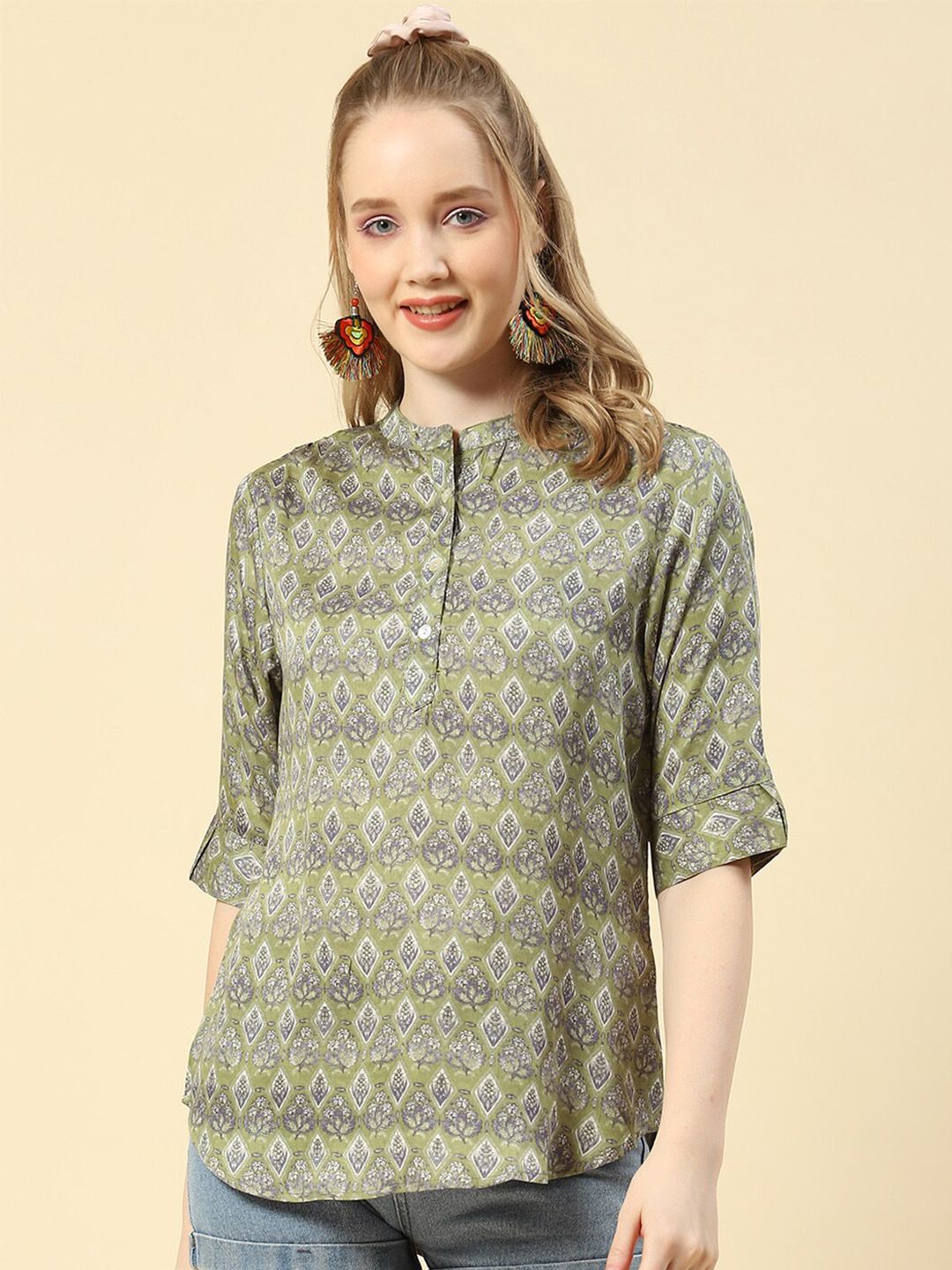 Monte Carlo Green Floral Print Mandarin Collar Roll-Up Sleeves Shirt Style Top Price in India
