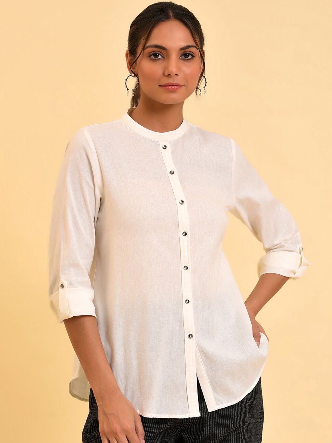 W White Mandarin Collar Roll-Up Sleeves Cotton Shirt Style Top Price in India