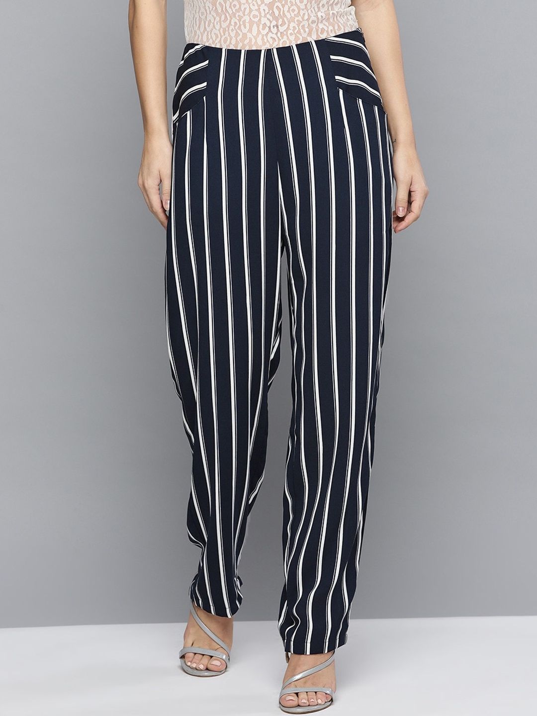 Marie Claire Women Vertical Striped Mid Rise Parallel Trousers Price in India