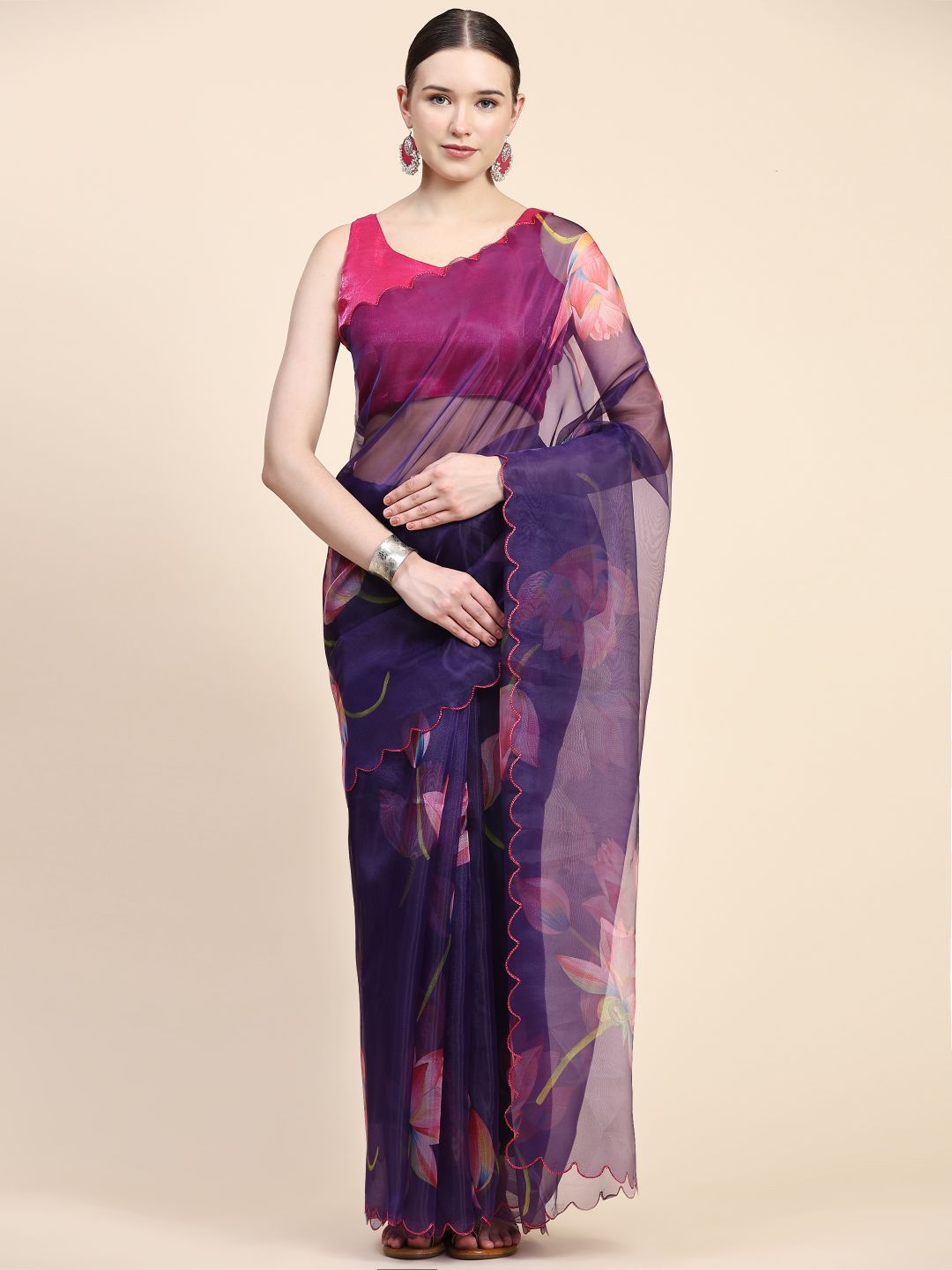 Rudra Fashion Floral Printed Embroidered Organza Saree Price in India