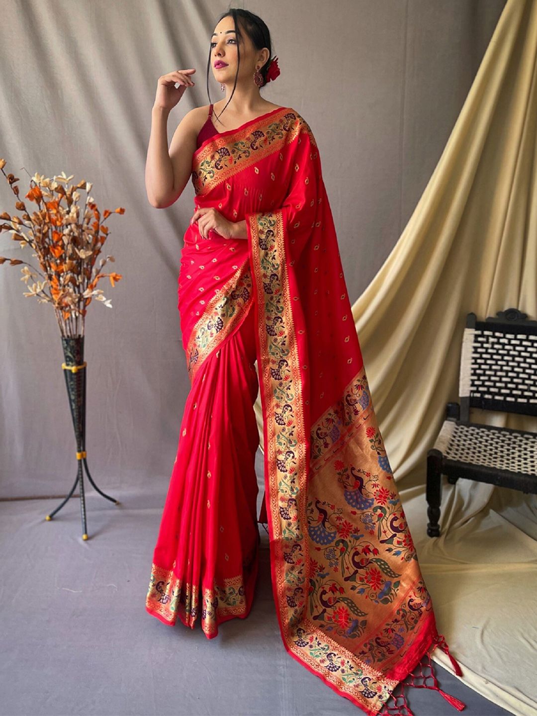 Mitera Red & Blue Ethnic Woven Design Zari Paithani Silk Saree Price in India