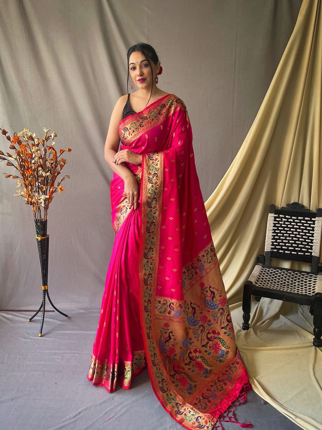 Mitera Pink & Gold-Toned Ethnic Motif Woven Design Zari Paithani Saree Price in India