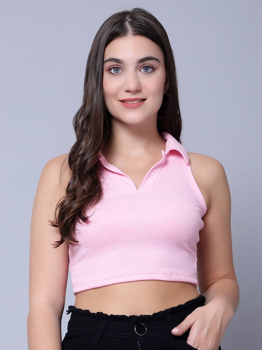 DIAZ Pink Shirt Collar Sleeveless Crop Top Price in India