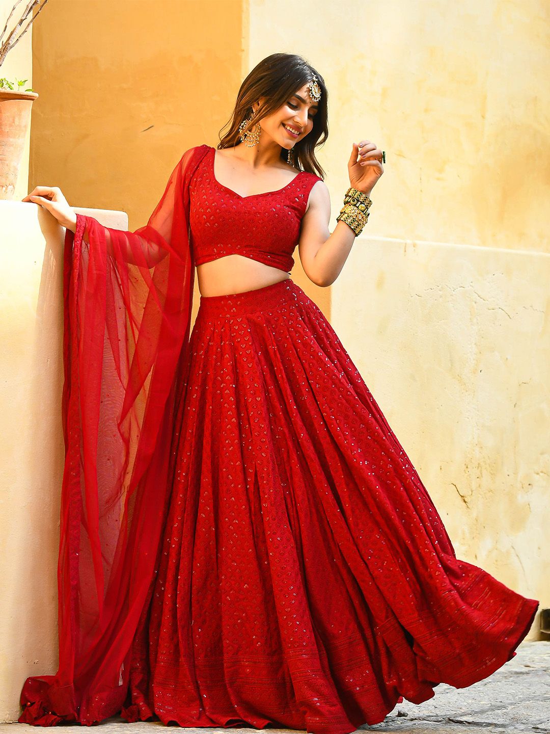 Bunaai Sequin Embroidered V-Neck Lehenga & Blouse With Dupatta Price in India