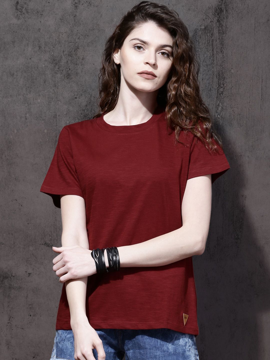 Roadster Women Maroon Pure Cotton T-shirt Price in India