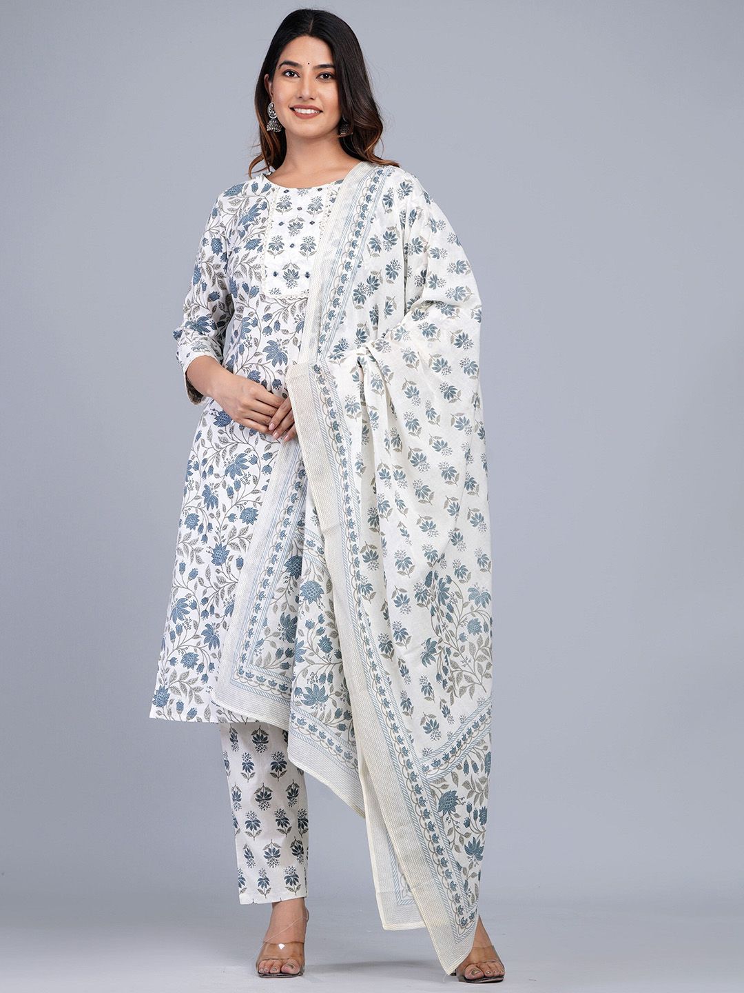 JAIPURI COLLECTION Floral Printed Pure Cotton Kurta with Trousers & Dupatta Price in India