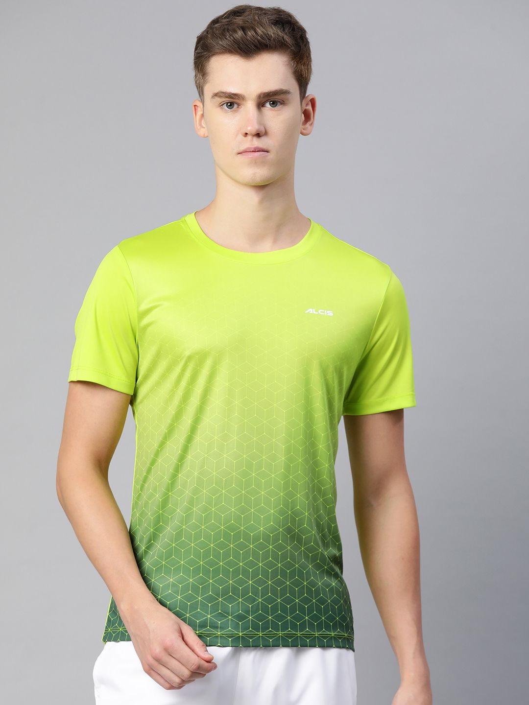 Alcis Men Dry Tech Lime Green Tshirts Printed Abstract Slim Fit T-shirt