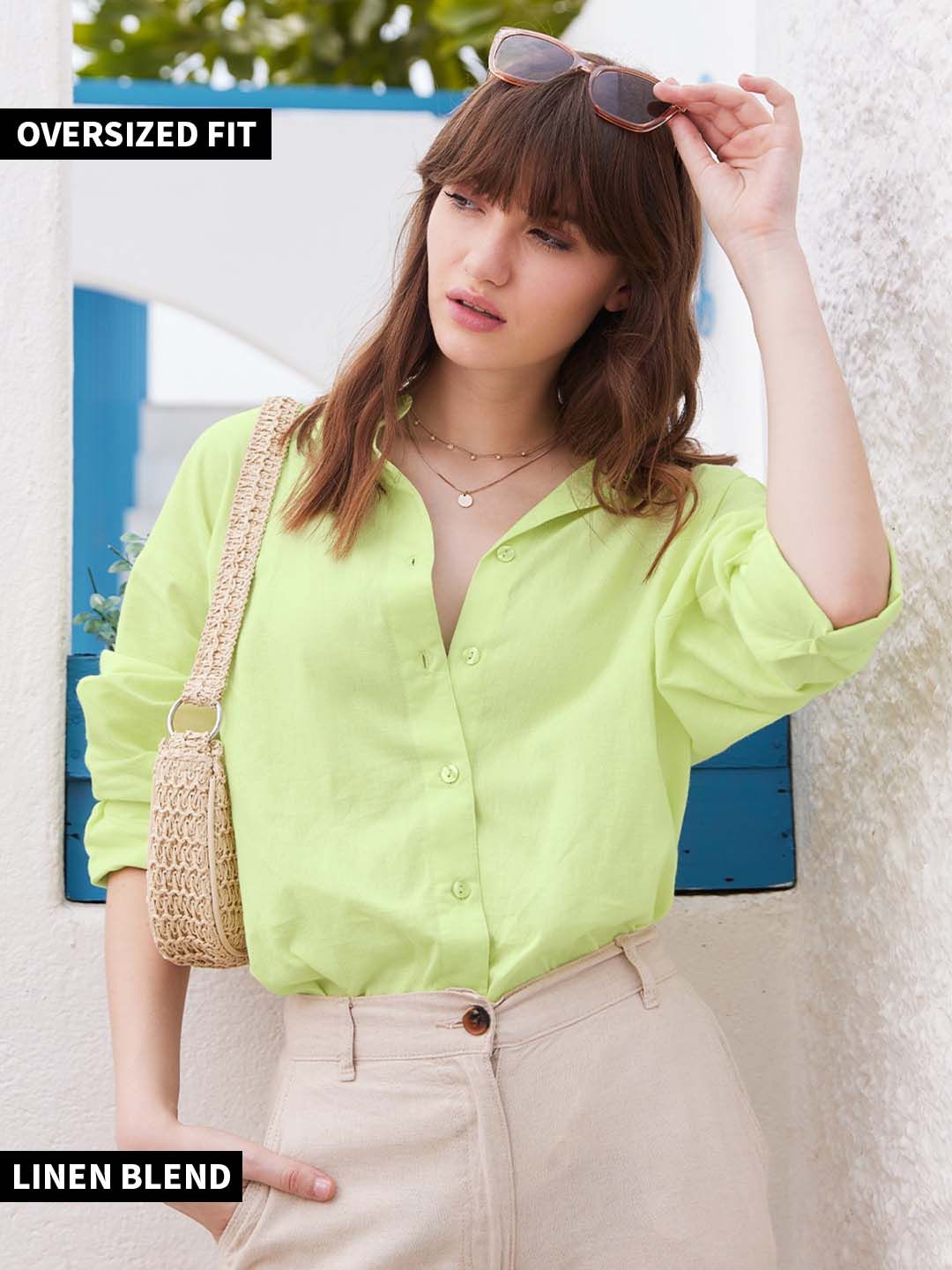 The Souled Store Lime Green Relaxed Fit Cotton Linen Casual Shirt Price in India