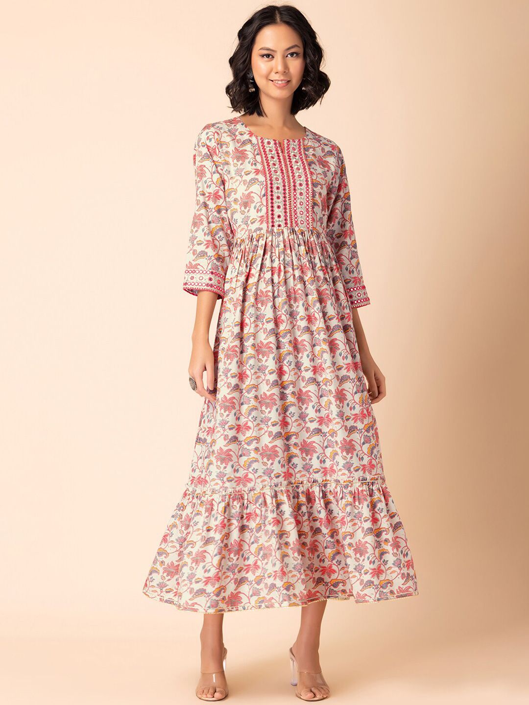 Rang by Indya Floral Jaal Printed Midi Cotton Dress Price in India