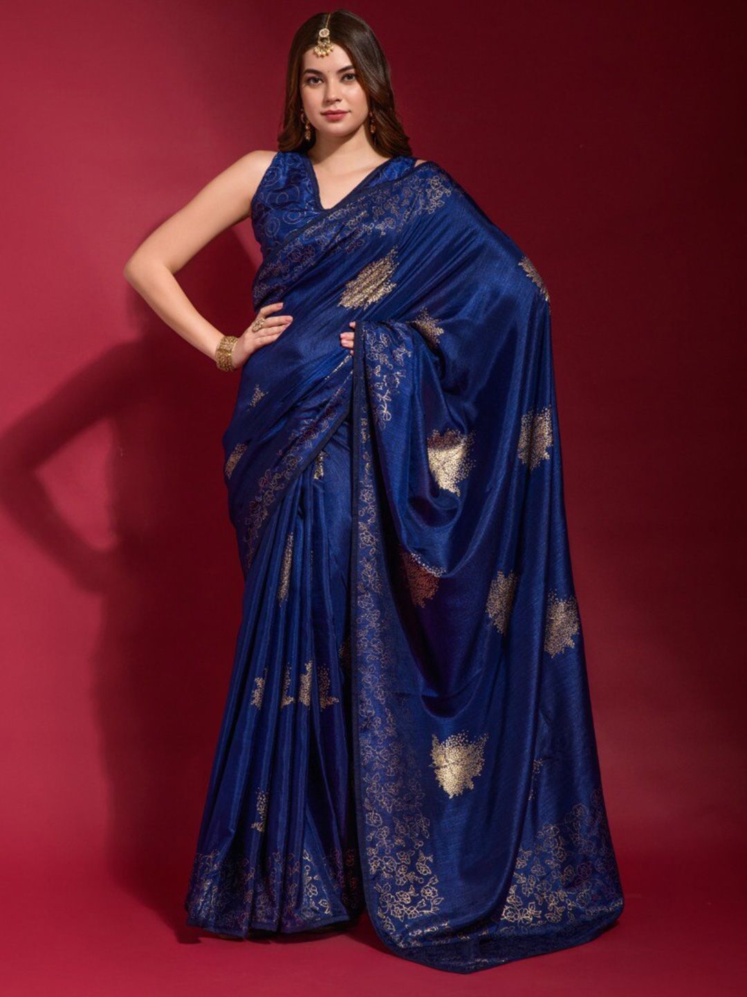 VEERAX Navy Blue & Gold-Toned Woven Design Pure Georgette Saree Price in India