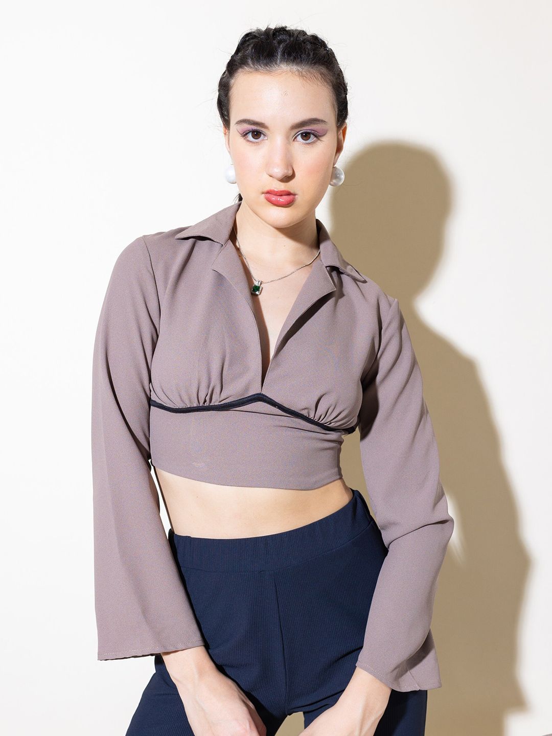 Stylecast X Hersheinbox Brown Shirt Collar Crop Top Price in India