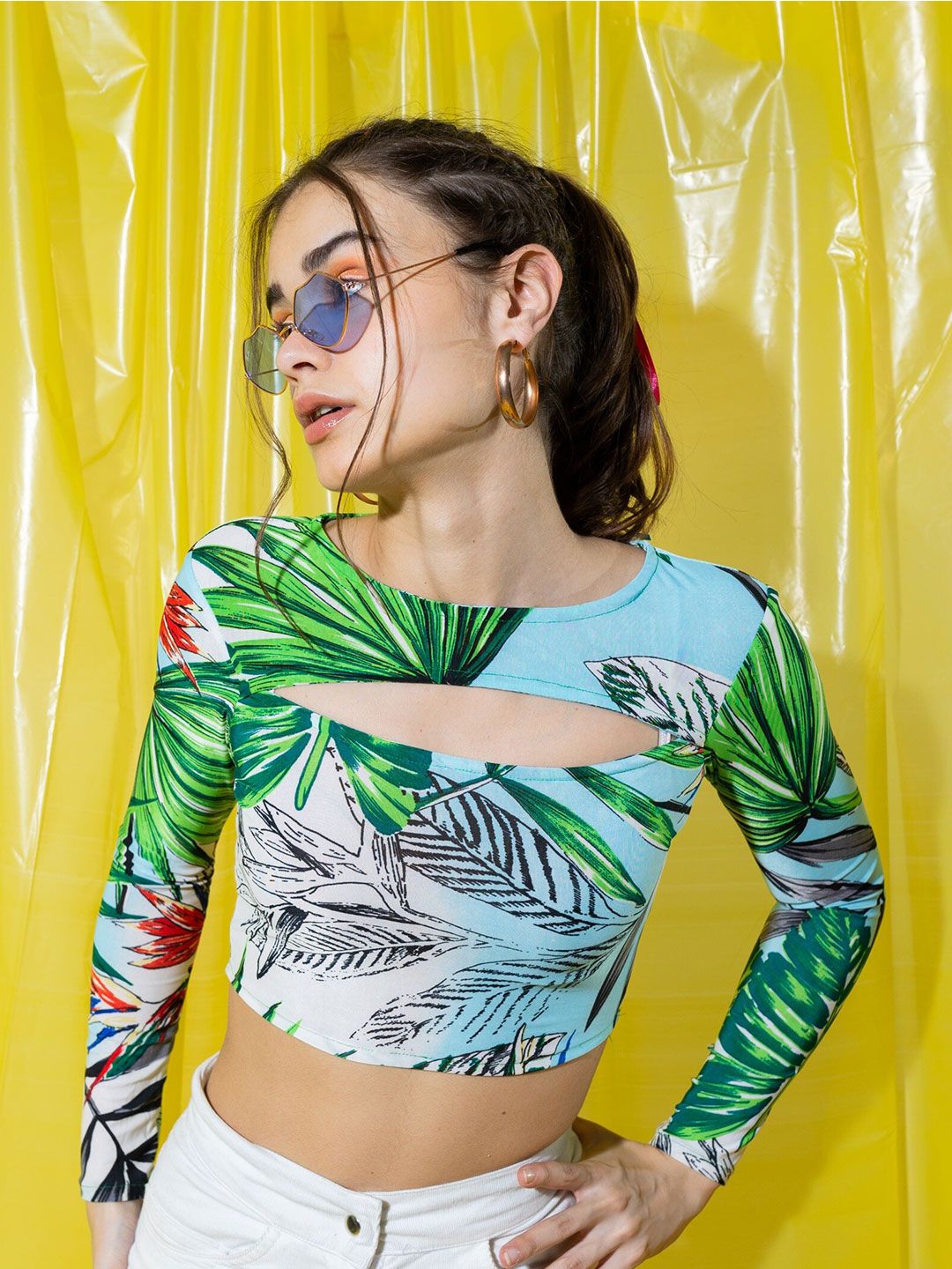 Stylecast X Hersheinbox Green Tropical Printed Cut-Out Long Sleeves Crop Top Price in India