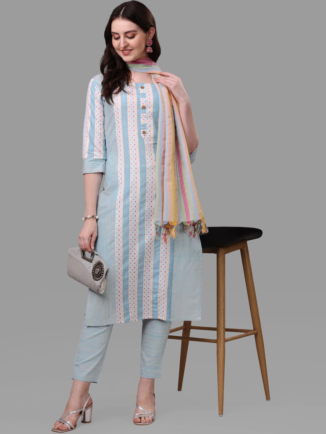 HERE&NOW Turquoise Blue Striped Regular Pure Cotton Kurta with Trousers & With Dupatta Price in India