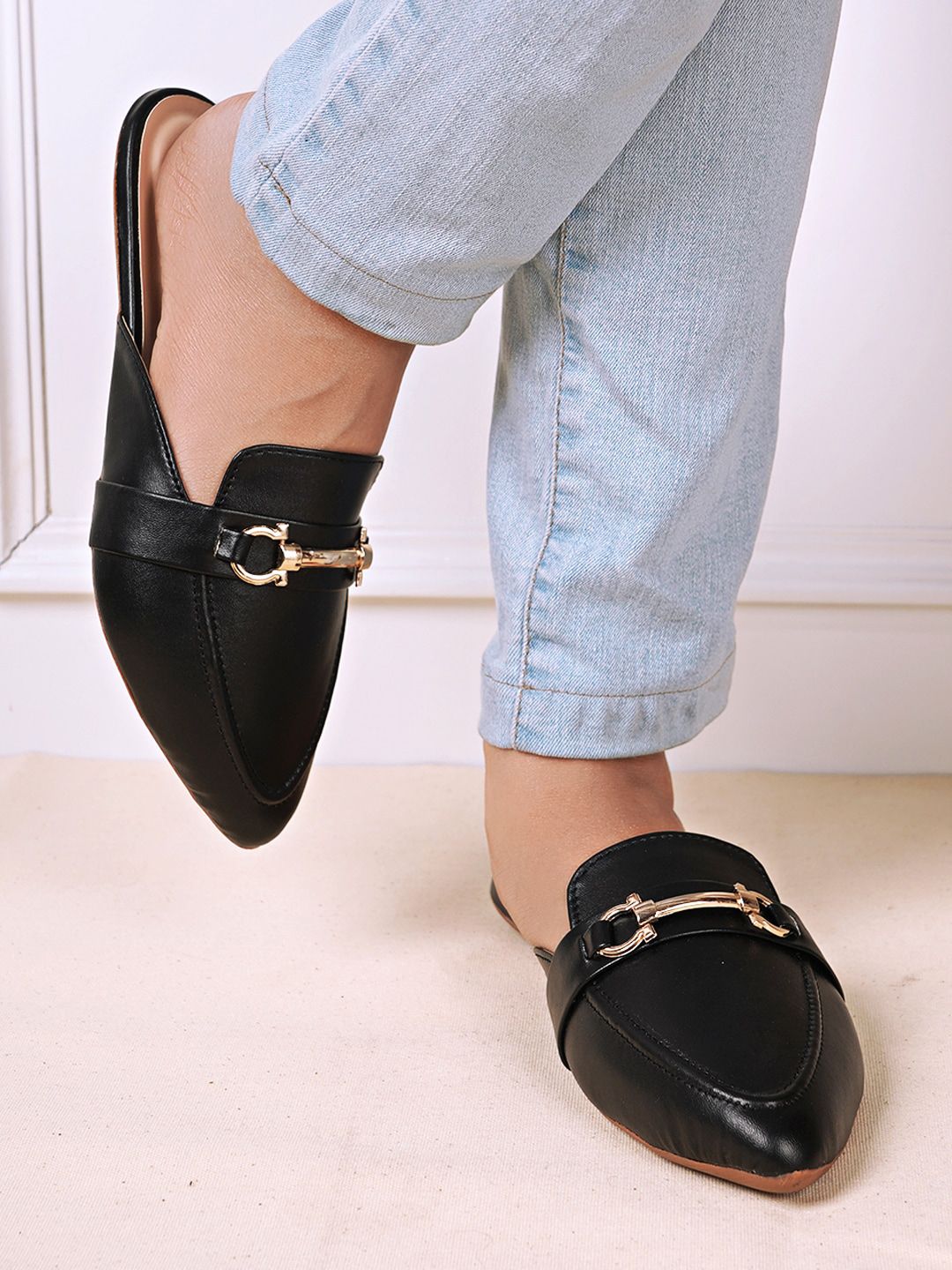 DressBerry Black Buckle Embellished Mules Price in India