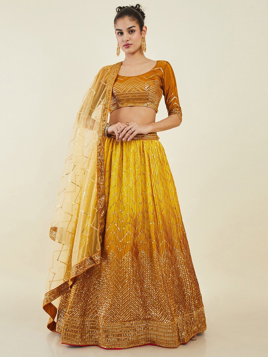FABPIXEL Yellow Embellished Sequinned Semi-Stitched Lehenga & Unstitched Blouse With Dupatta Price in India