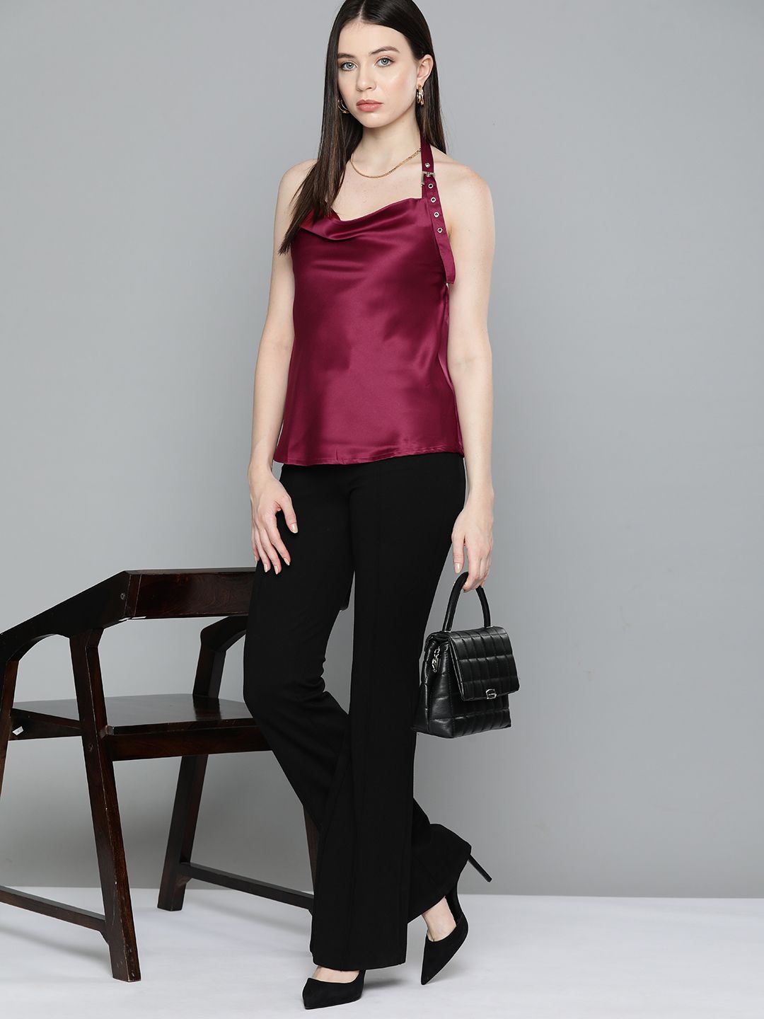 Chemistry Cowl Neck Styled Back Satin Finish Top Price in India