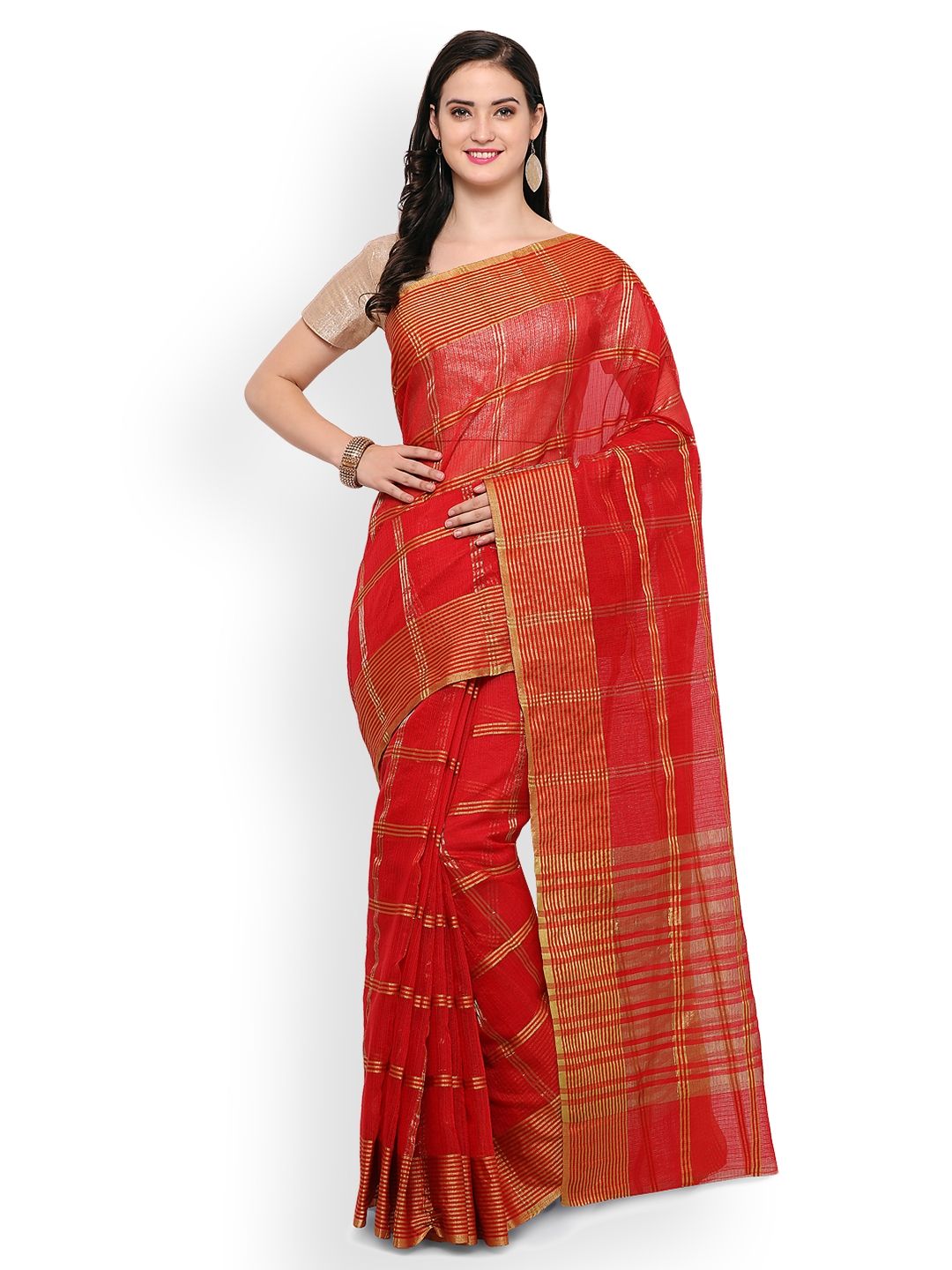 Saree mall Red Art Silk Checked Bhagalpuri Saree Price in India