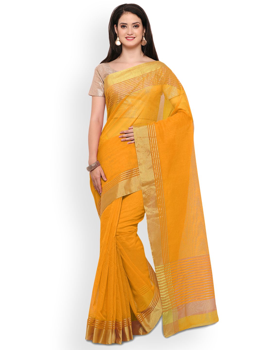 Saree mall Orange & Yellow Art Silk Striped Saree Price in India