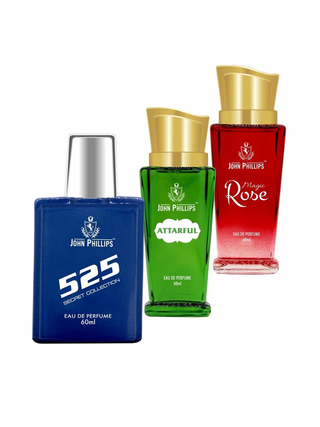 JOHN PHILLIPS Set of 3 Long Lasting Eau De Parfum 60 ml each - 525 + Attarful + Magic Rose
