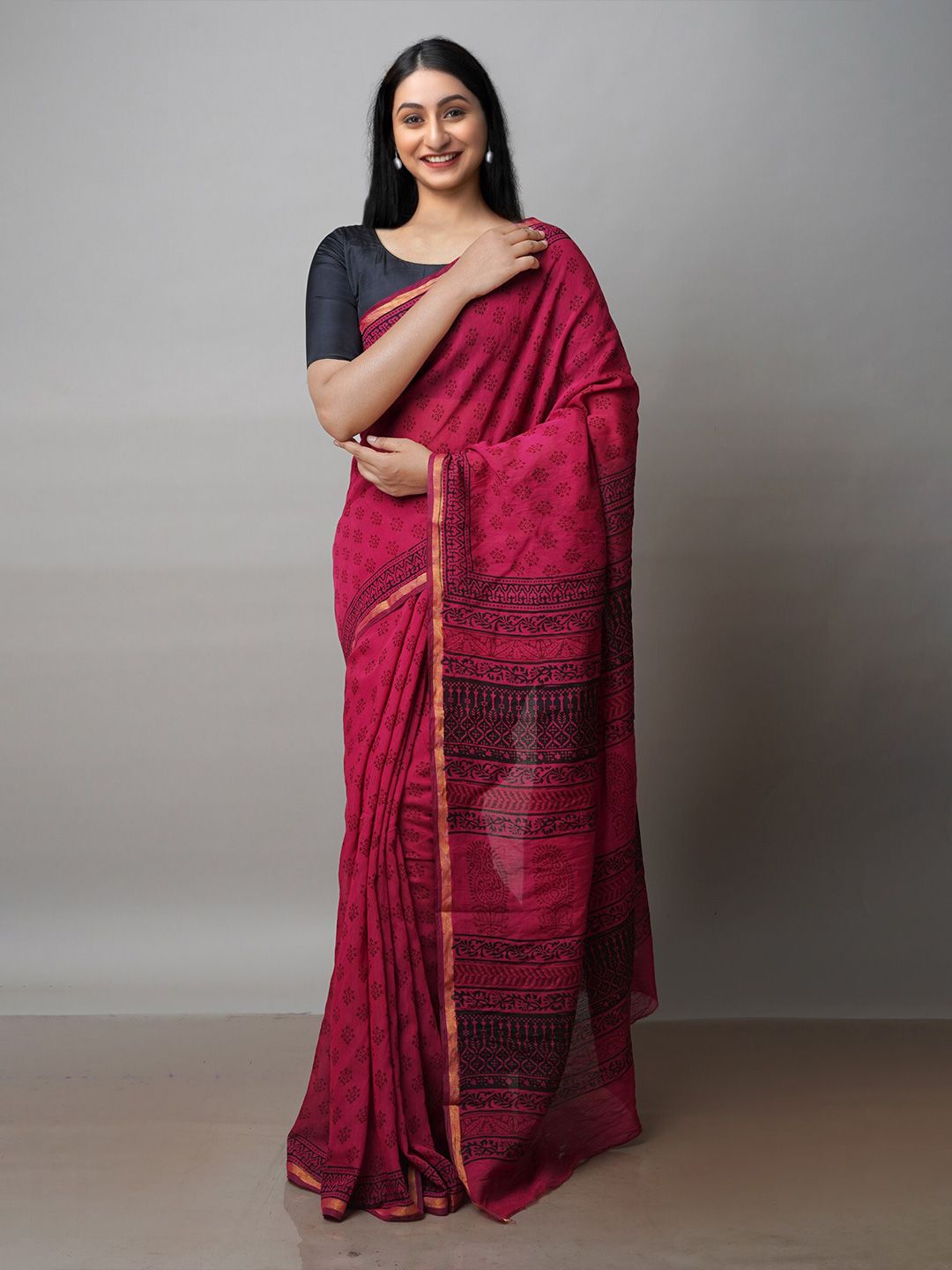 Unnati Silks Pink & Black Ethnic Motifs Zari Chanderi Saree Price in India