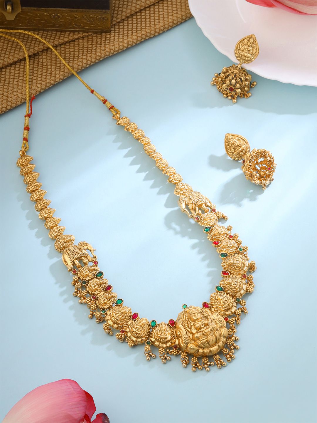Gold-Plated Jewellery Set Yellow Chimes Gold-Plated Long Temple Necklace & Earrings