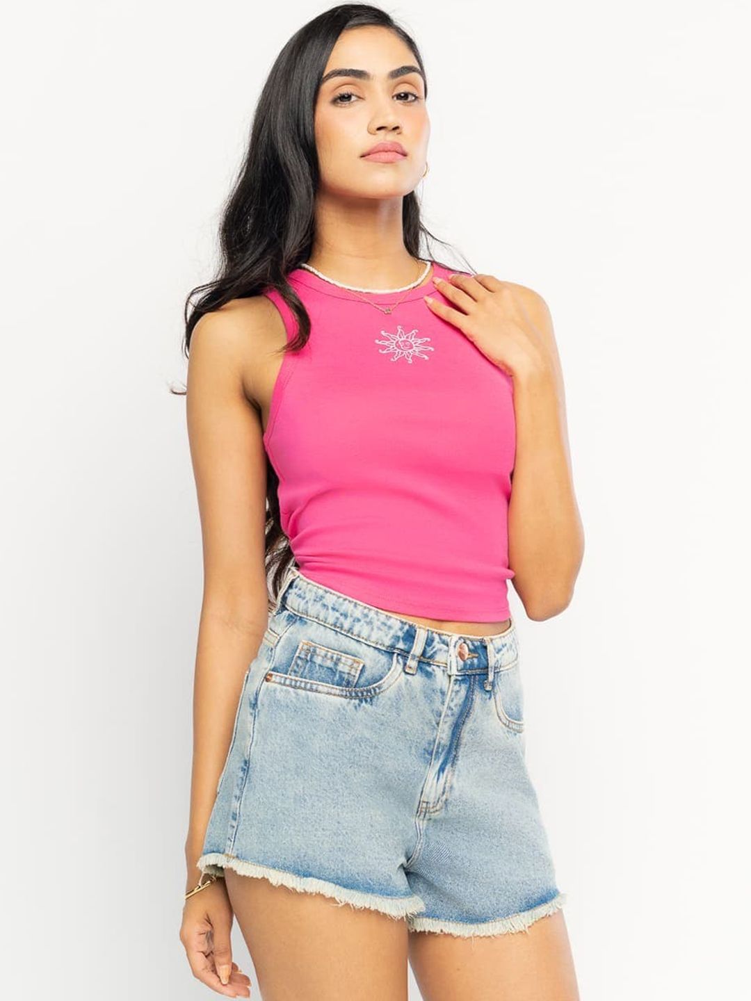 FREAKINS Women Blue Skinny Fit High-Rise Distressed & Washed Denim Shorts Price in India