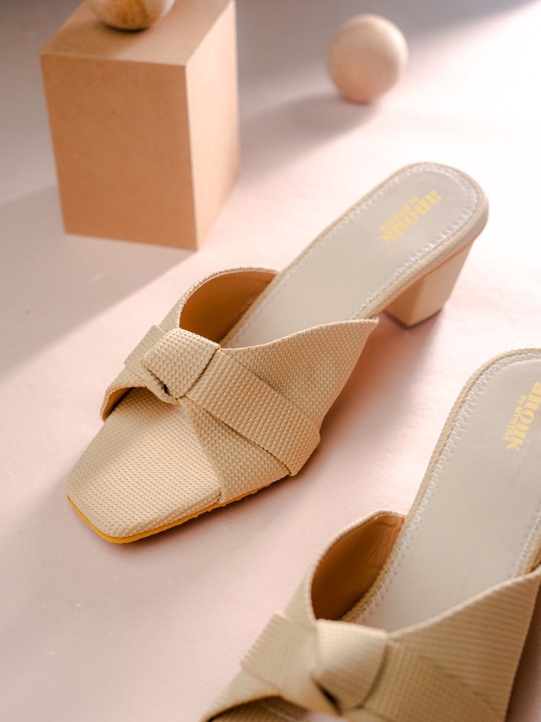 Anouk Beige Knotted Open Toe Block Heels