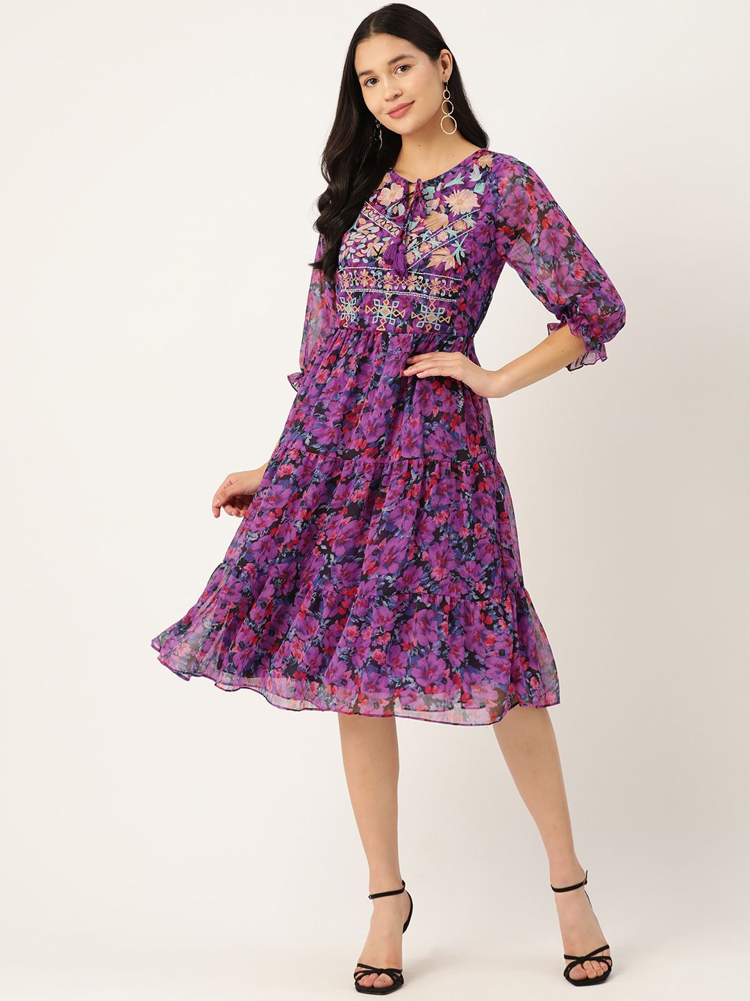 Antheaa Floral Print Tie-Up Neck Puff Sleeve Chiffon A-Line Dress Price in India