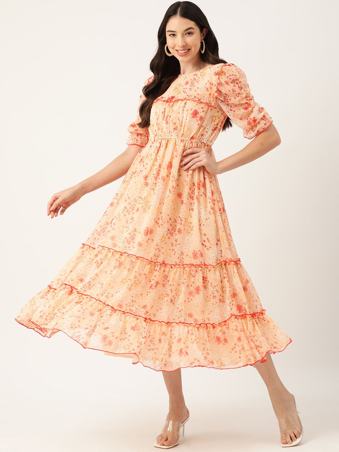 Antheaa Floral Print Puff Sleeve Ruffled Chiffon A-Line Midi Dress Price in India