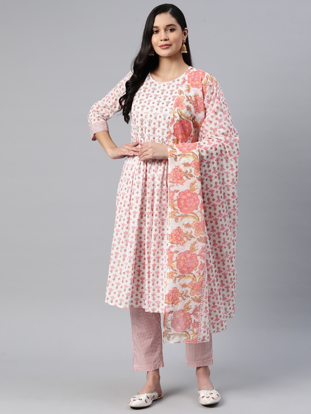 Readiprint Fashions Women Floral Embroidered Pleated Cotton Kurta with Trousers & Dupatta Price in India