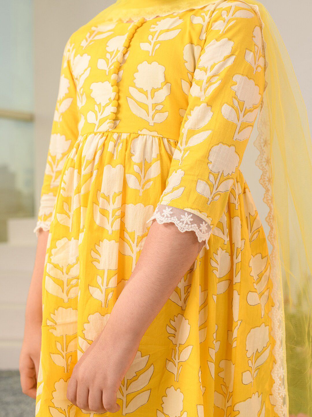 Pspeaches Kurta E Sharara In Cotone Per Ragazze - Stampato Floreale Giallo Con Dupatta - 4