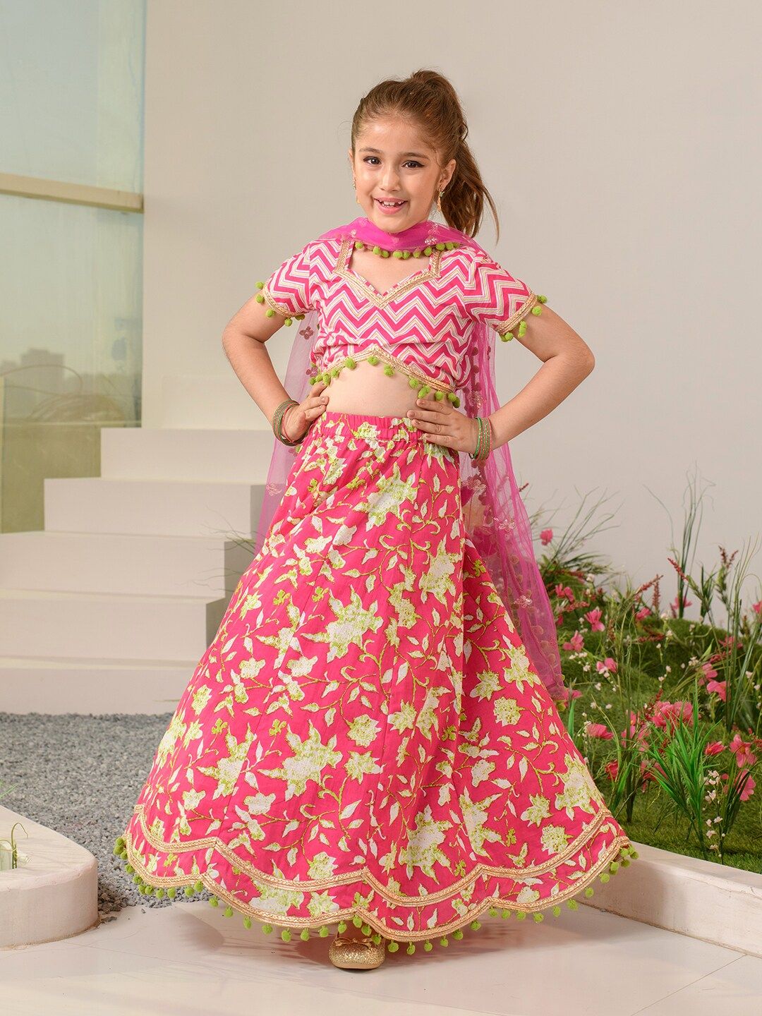 Pspeaches Girls Magenta Floral Cotton Lehenga Choli Dupatta Set
