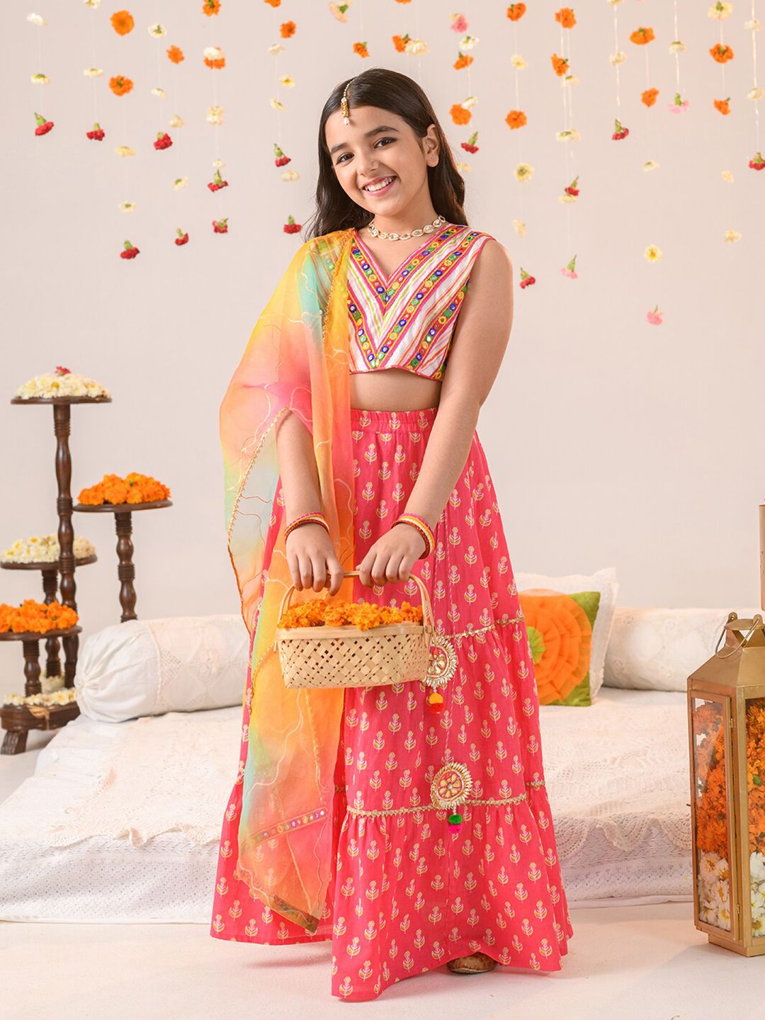 Pspeaches Girls Magenta Booti Cotton Tiered Lehenga Choli Dupatta Set