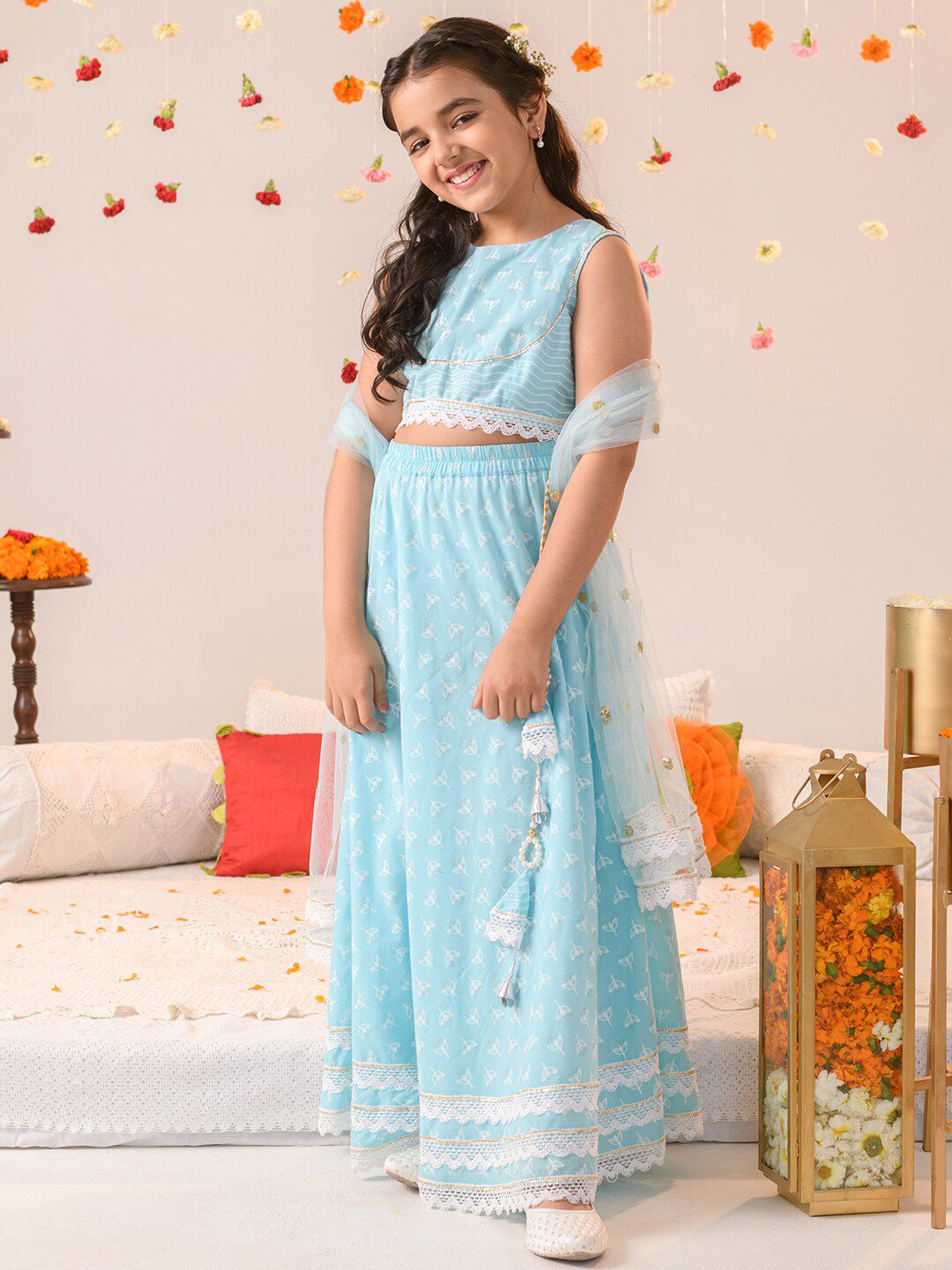 Pspeaches Girls Turquoise Booti Cotton Lehenga Choli Dupatta Set