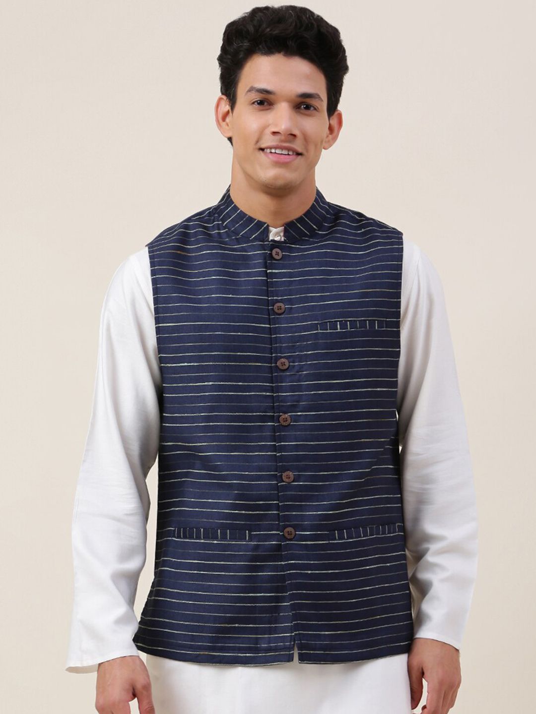 Fabindia Striped Mandarin Collar Nehru Jackets