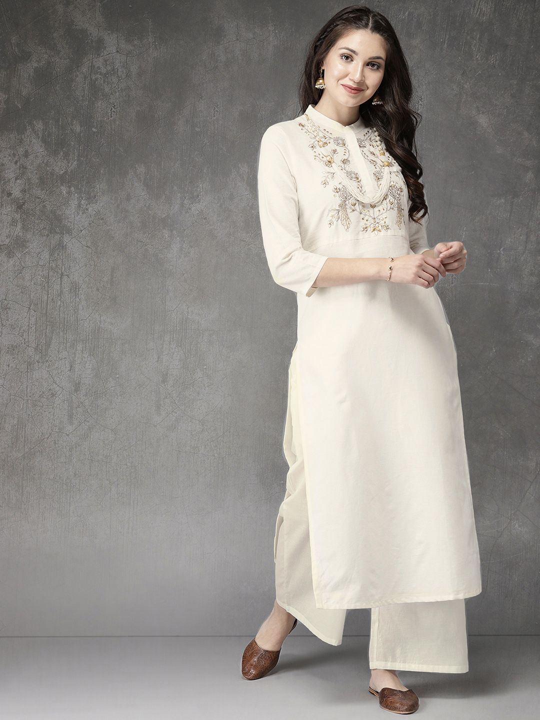 Anouk Women Cream-Coloured Embroidered Kurta with Palazzos Price in India