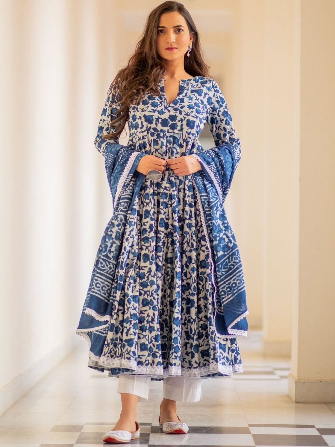 Collection Rj23 Women Blue Printed Regular Pure Cotton Kurta with Trousers & With Dupatta Price in India