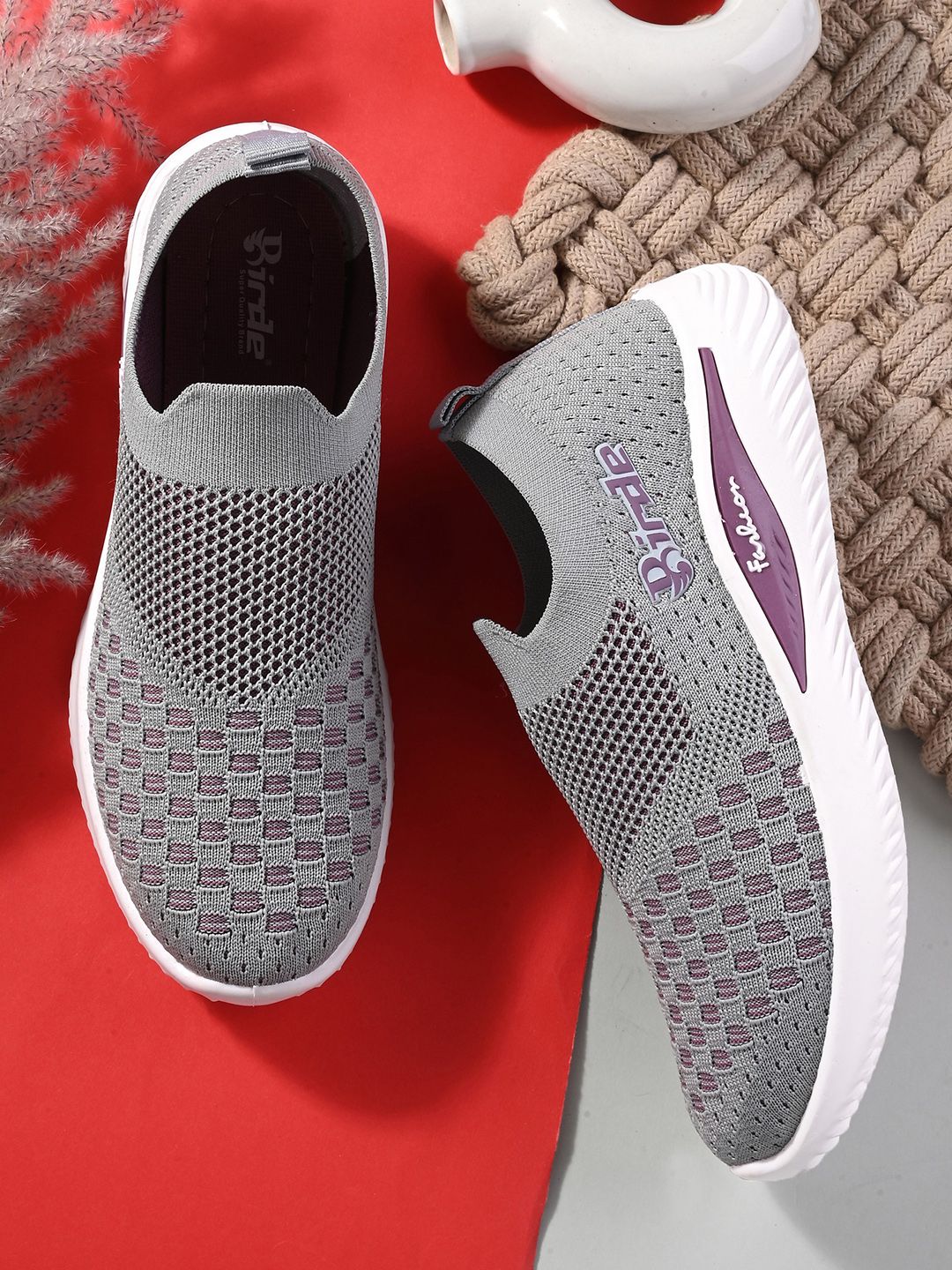 BIRDE Women Woven Design Comfort Insole Mesh Contrast Sole Slip-On Sneakers Price in India