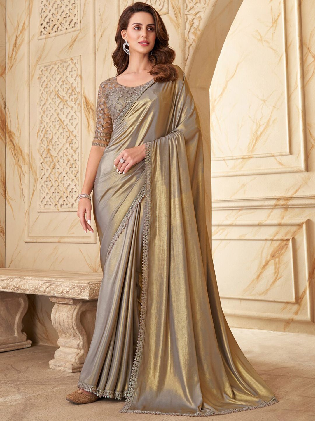 Mitera Grey & Gold Embroidered Silk Blend Saree With Blouse Piece Price in India