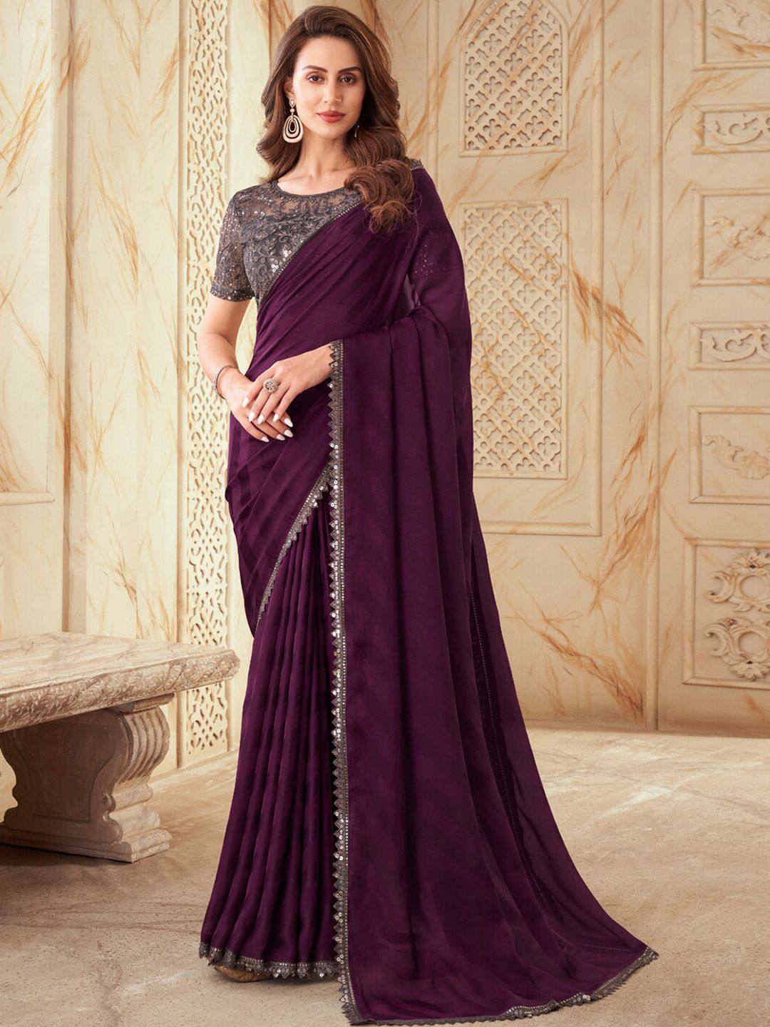 Mitera Purple & Grey Embellished Sequinned Poly Chiffon Saree Price in India