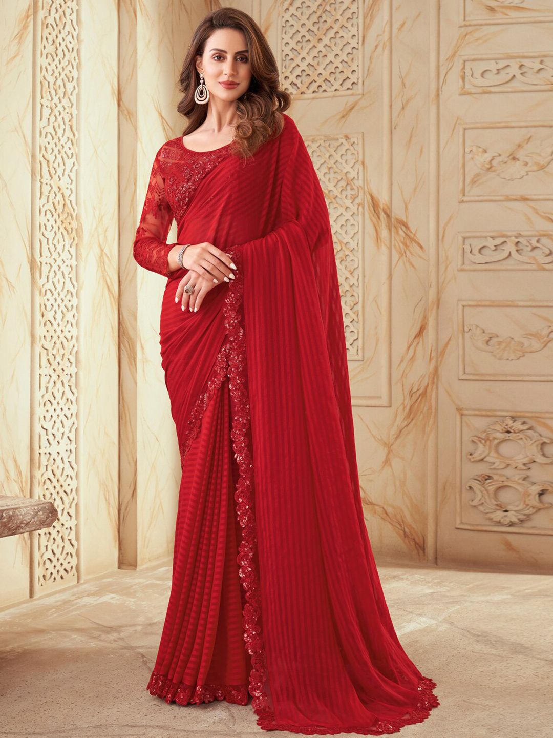 Mitera Red Striped Embroidered Saree Price in India