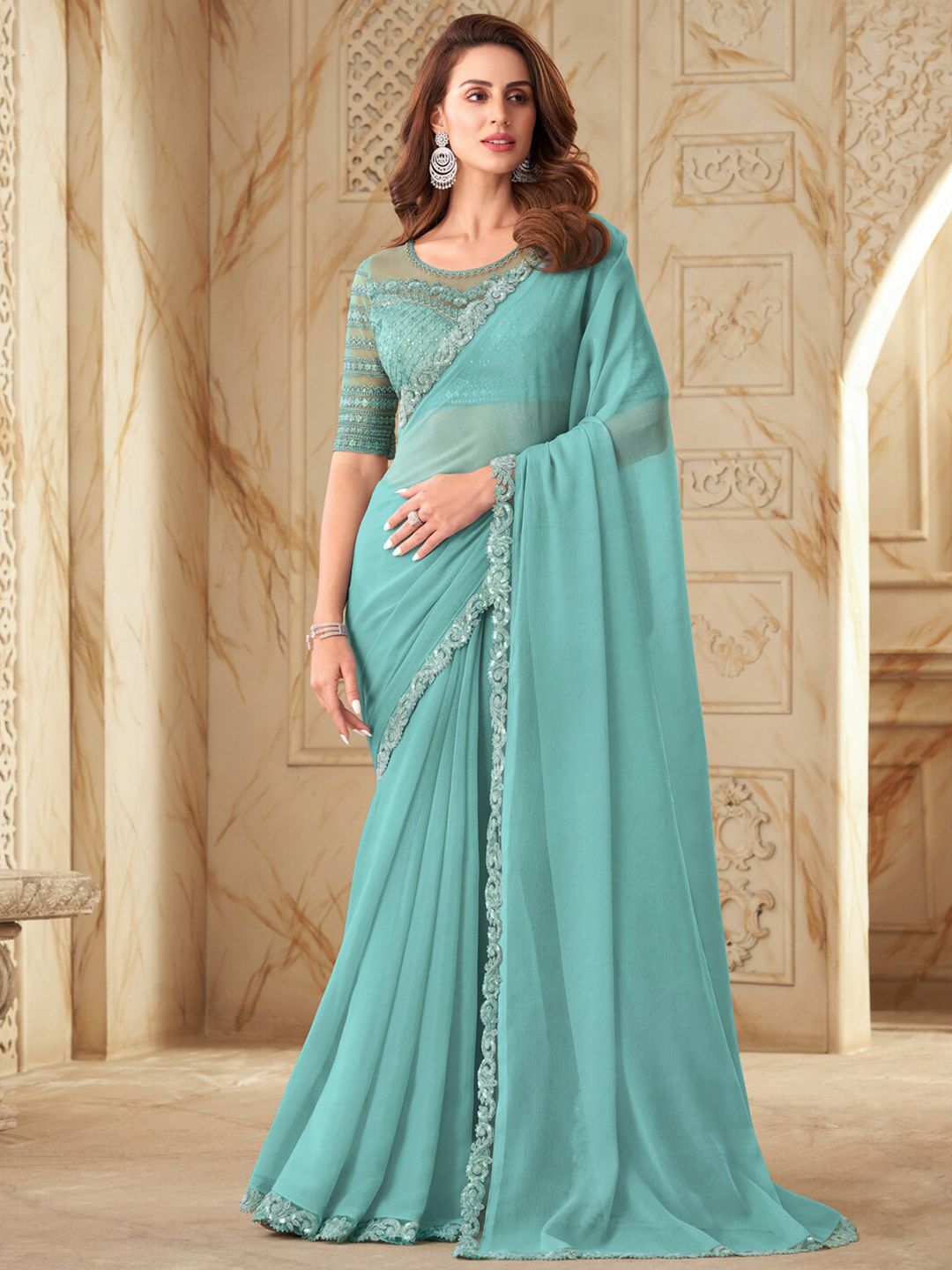 Mitera Blue Embellished Embroidered Saree Price in India
