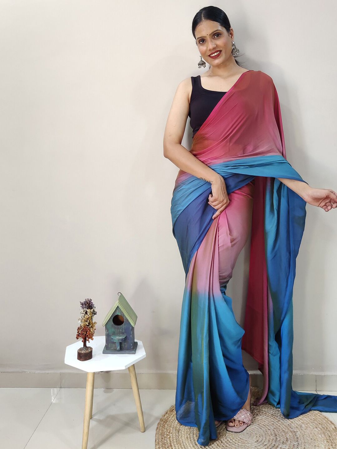 Mitera Pink & Blue Ombre Ready To Wear Saree Price in India